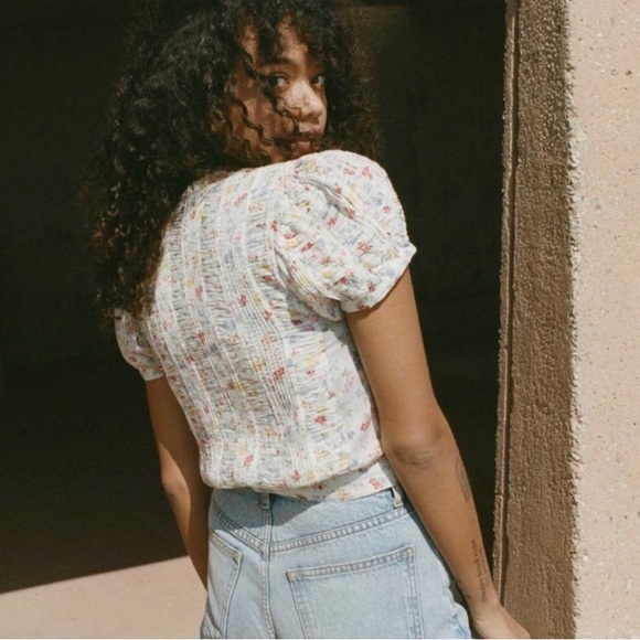 SOLD b/s/t Doen hadara top rare spring floral button up shirring rouching blouse - Picture 5 of 10